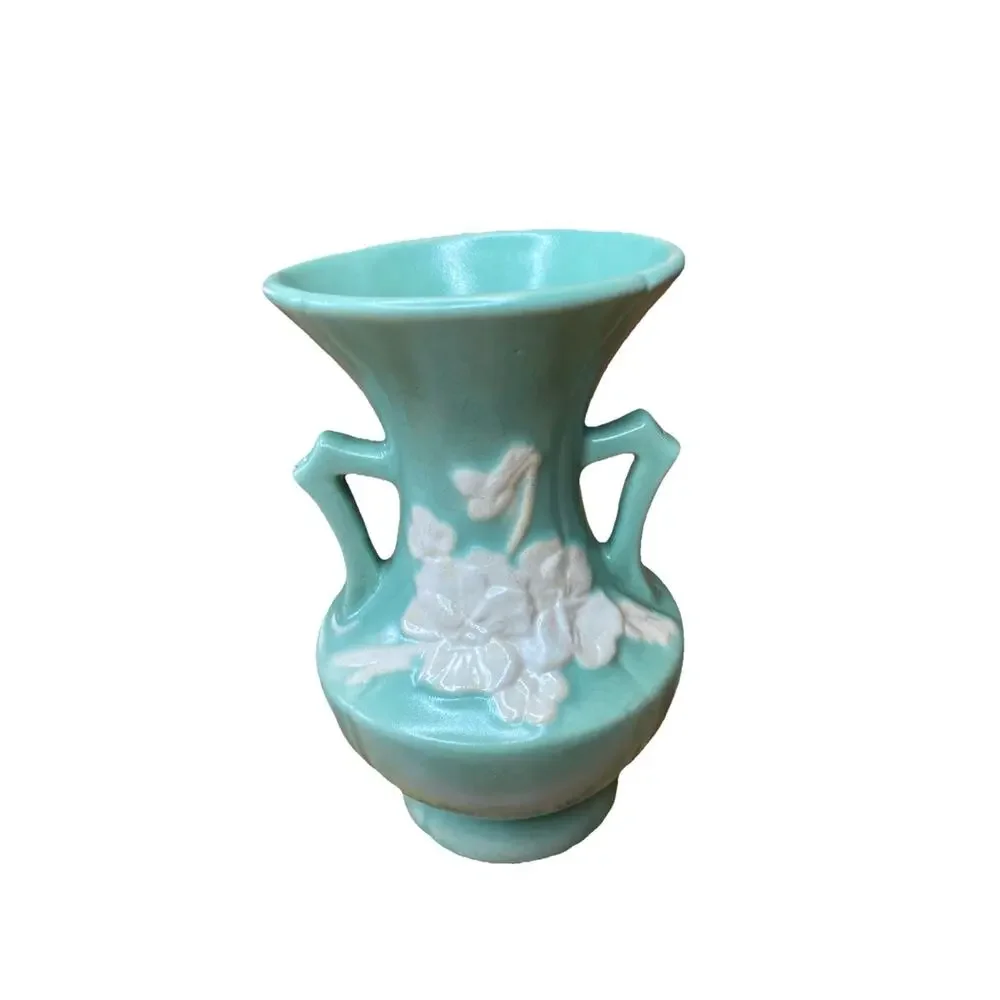 Vtg Weller Pottery Vase Double Handle Blue Floral Bouquet 30s Art Deco Nouveau
